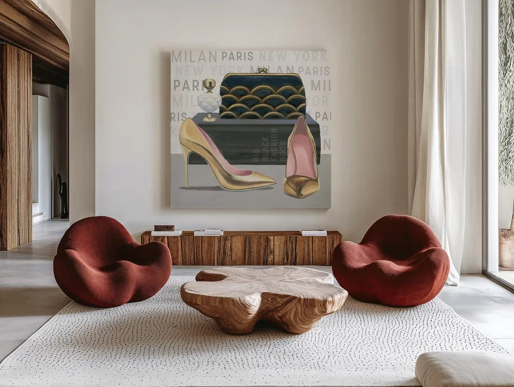 Forever Fashion IV by Marco Fabiano. Shown as extra-large giant wall art in a modern living room. Available as an archival giclee rolled canvas, fine art paper, or poster print. SKU 28781a.