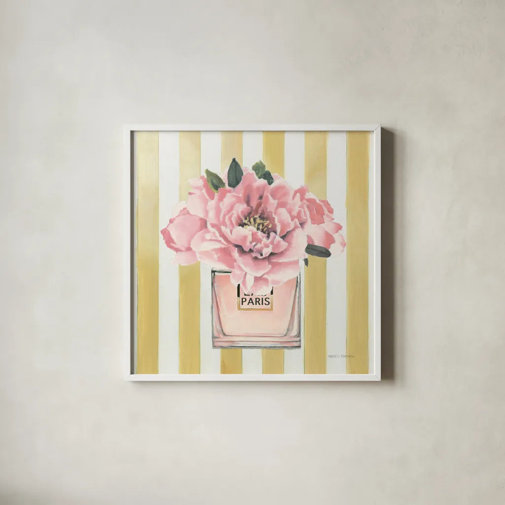 Forever Fashion Perfume by Marco Fabiano. Shown in a crisp white glass frame for a clean and minimalist style. Available as an archival giclee rolled canvas, fine art paper, or poster print. SKU 69125a.