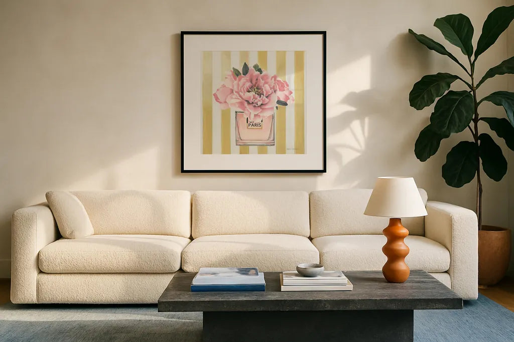 Forever Fashion Perfume by Marco Fabiano. Displayed in a glass frame with matte in a clean modern living room. Available as an archival giclee rolled canvas, fine art paper, or poster print. SKU 69125a.