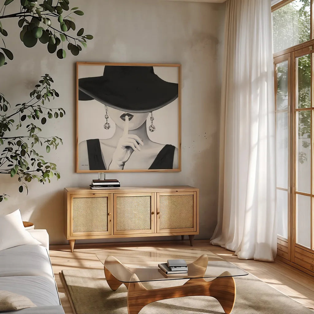 Haute Chapeau I by Marco Fabiano. Shown in a natural wood frame in a cozy modern living room. Available as an archival giclee rolled canvas, fine art paper, or poster print. SKU 15641a.