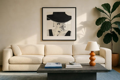 Haute Chapeau I by Marco Fabiano. Displayed in a glass frame with matte in a clean modern living room. Available as an archival giclee rolled canvas, fine art paper, or poster print. SKU 15641a.