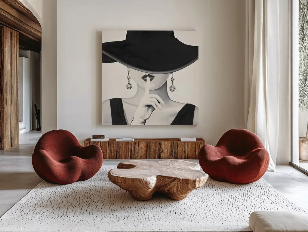 Haute Chapeau I by Marco Fabiano. Shown as extra-large giant wall art in a modern living room. Available as an archival giclee rolled canvas, fine art paper, or poster print. SKU 15641a.