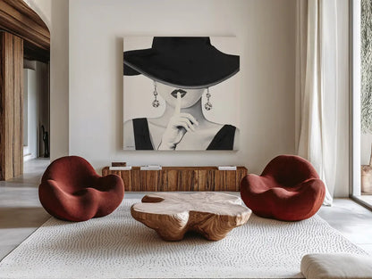 Haute Chapeau I by Marco Fabiano. Shown as extra-large giant wall art in a modern living room. Available as an archival giclee rolled canvas, fine art paper, or poster print. SKU 15641a.