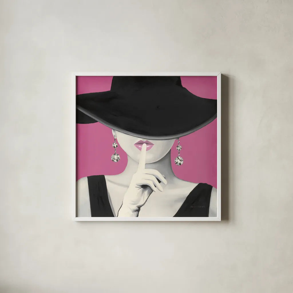 Haute Chapeau I PInk by Marco Fabiano. Shown in a crisp white glass frame for a clean and minimalist style. Available as an archival giclee rolled canvas, fine art paper, or poster print. SKU 82828a.