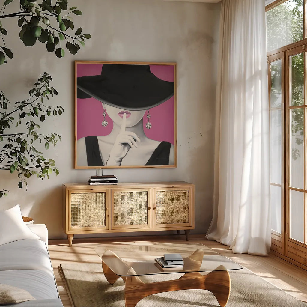 Haute Chapeau I PInk by Marco Fabiano. Shown in a natural wood frame in a cozy modern living room. Available as an archival giclee rolled canvas, fine art paper, or poster print. SKU 82828a.