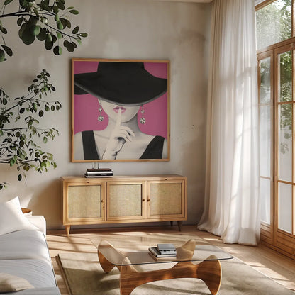 Haute Chapeau I PInk by Marco Fabiano. Shown in a natural wood frame in a cozy modern living room. Available as an archival giclee rolled canvas, fine art paper, or poster print. SKU 82828a.