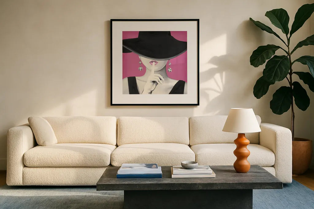 Haute Chapeau I PInk by Marco Fabiano. Displayed in a glass frame with matte in a clean modern living room. Available as an archival giclee rolled canvas, fine art paper, or poster print. SKU 82828a.