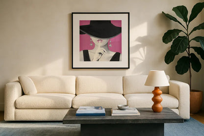 Haute Chapeau I PInk by Marco Fabiano. Displayed in a glass frame with matte in a clean modern living room. Available as an archival giclee rolled canvas, fine art paper, or poster print. SKU 82828a.