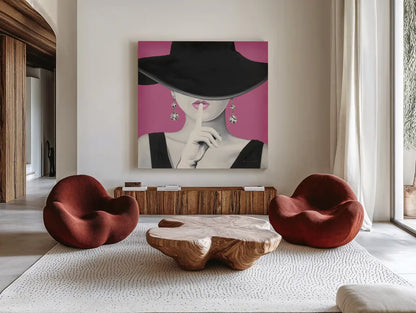 Haute Chapeau I PInk by Marco Fabiano. Shown as extra-large giant wall art in a modern living room. Available as an archival giclee rolled canvas, fine art paper, or poster print. SKU 82828a.