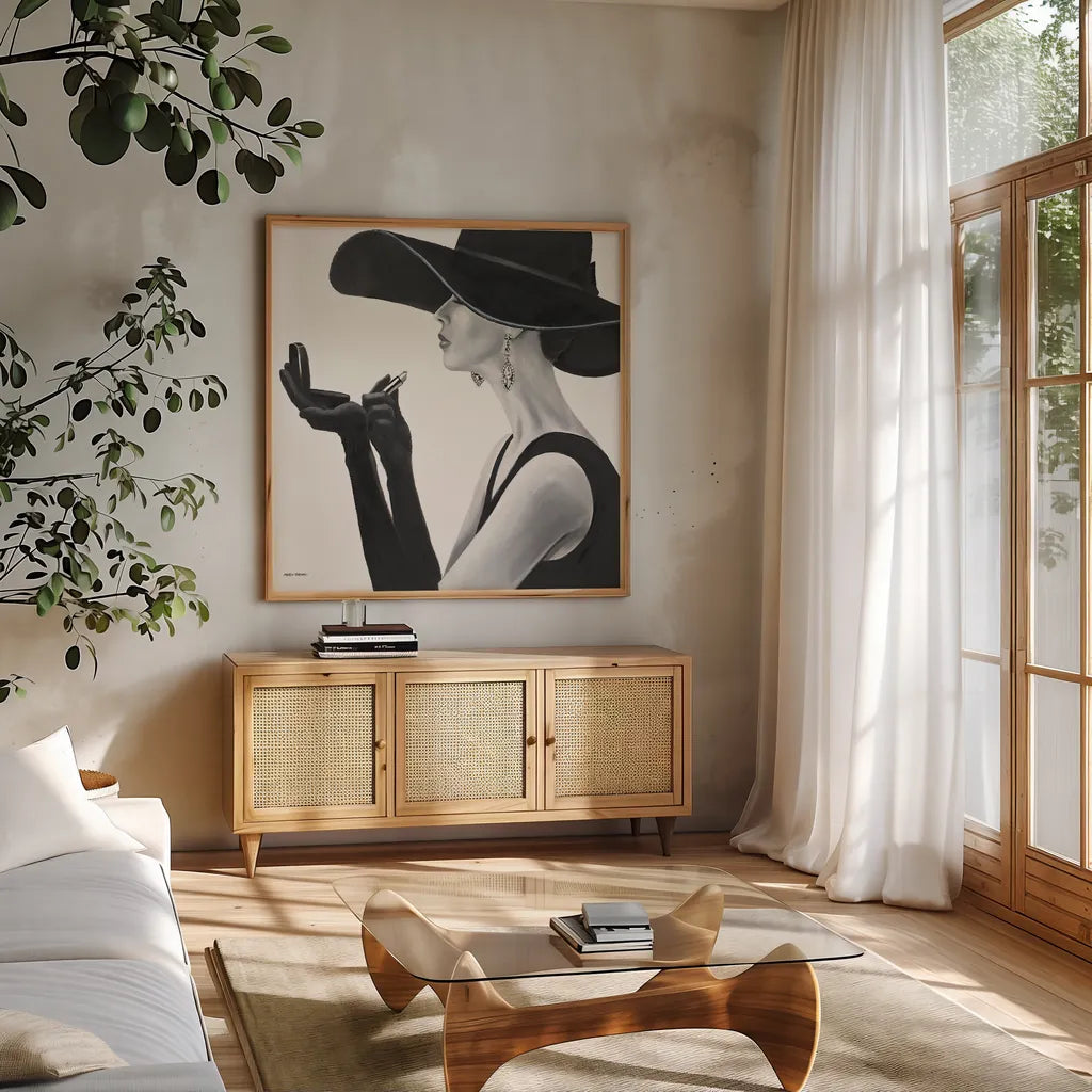 Haute Chapeau II by Marco Fabiano. Shown in a natural wood frame in a cozy modern living room. Available as an archival giclee rolled canvas, fine art paper, or poster print. SKU 15642a.