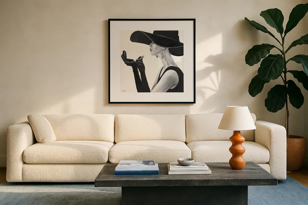 Haute Chapeau II by Marco Fabiano. Displayed in a glass frame with matte in a clean modern living room. Available as an archival giclee rolled canvas, fine art paper, or poster print. SKU 15642a.