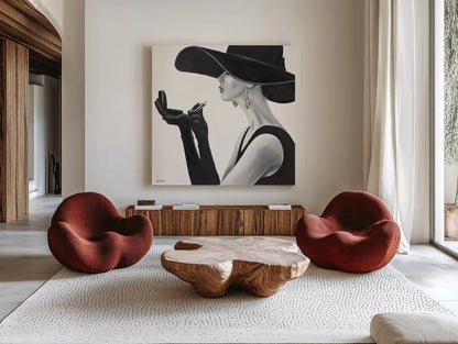 Haute Chapeau II by Marco Fabiano. Shown as extra-large giant wall art in a modern living room. Available as an archival giclee rolled canvas, fine art paper, or poster print. SKU 15642a.