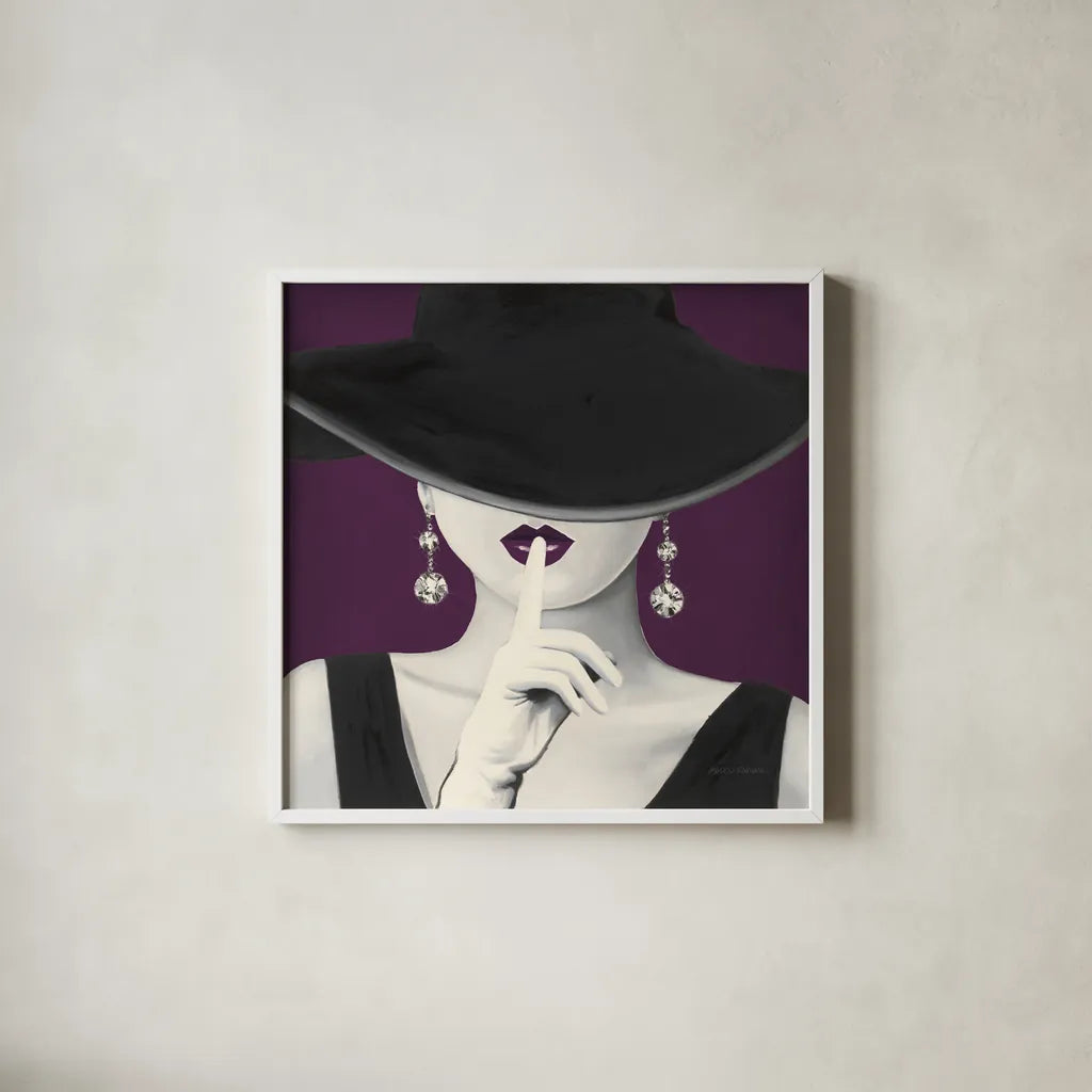 Haute Chapeau Purple I v2 by Marco Fabiano. Shown in a crisp white glass frame for a clean and minimalist style. Available as an archival giclee rolled canvas, fine art paper, or poster print. SKU 65801a.