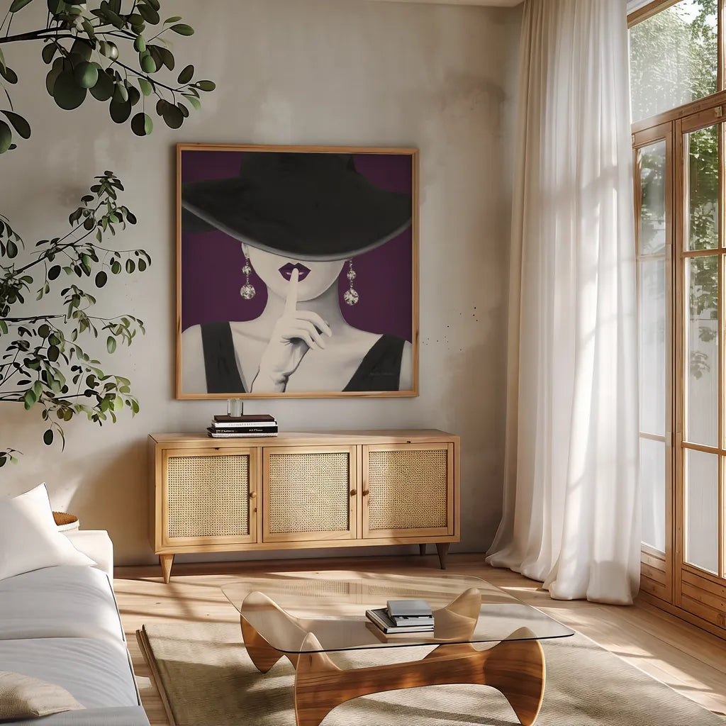 Haute Chapeau Purple I v2 by Marco Fabiano. Shown in a natural wood frame in a cozy modern living room. Available as an archival giclee rolled canvas, fine art paper, or poster print. SKU 65801a.