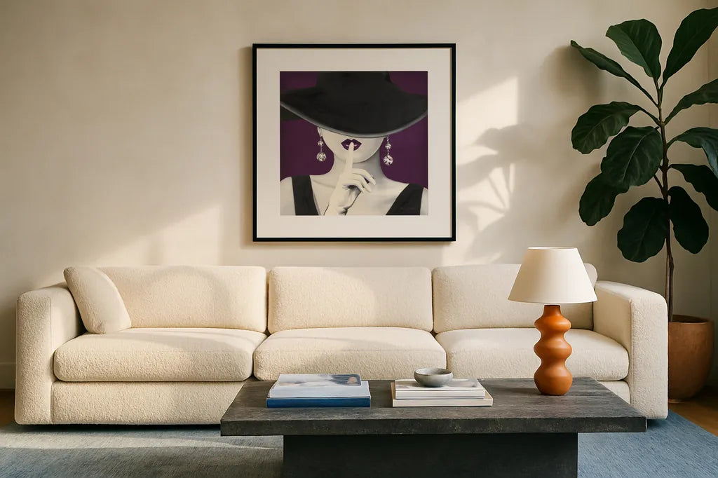 Haute Chapeau Purple I v2 by Marco Fabiano. Displayed in a glass frame with matte in a clean modern living room. Available as an archival giclee rolled canvas, fine art paper, or poster print. SKU 65801a.