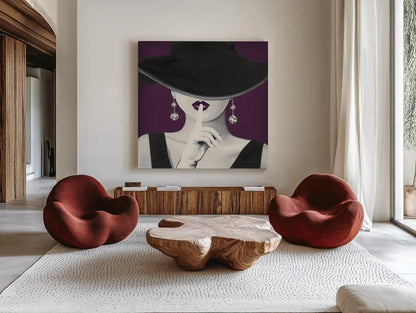 Haute Chapeau Purple I v2 by Marco Fabiano. Shown as extra-large giant wall art in a modern living room. Available as an archival giclee rolled canvas, fine art paper, or poster print. SKU 65801a.