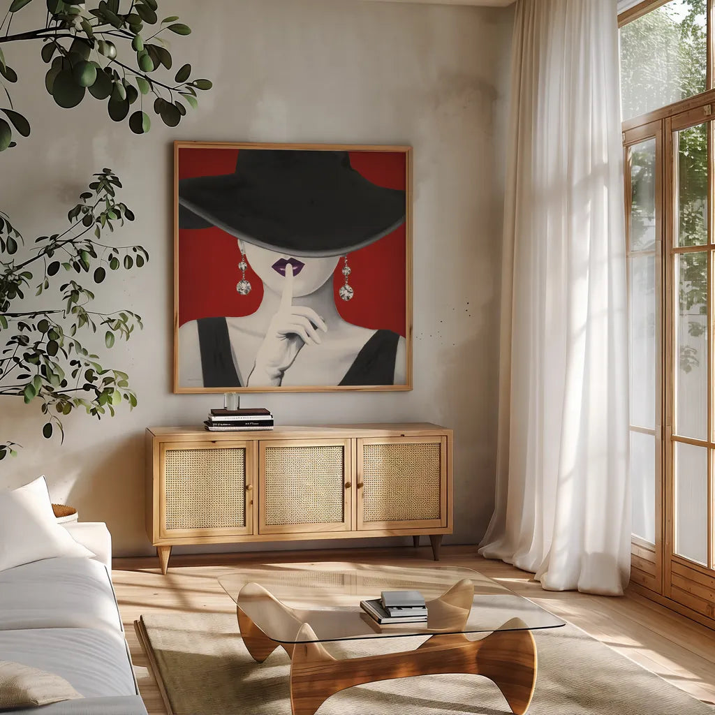 Haute Chapeau Purple Lips I by Marco Fabiano. Shown in a natural wood frame in a cozy modern living room. Available as an archival giclee rolled canvas, fine art paper, or poster print. SKU 15640a.