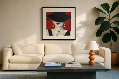 Haute Chapeau Rouge I by Marco Fabiano. Displayed in a glass frame with matte in a clean modern living room. Available as an archival giclee rolled canvas, fine art paper, or poster print. SKU 11115a.