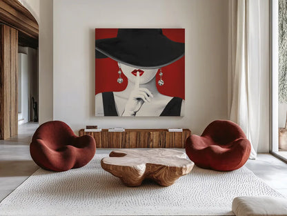Haute Chapeau Rouge I by Marco Fabiano. Shown as extra-large giant wall art in a modern living room. Available as an archival giclee rolled canvas, fine art paper, or poster print. SKU 11115a.