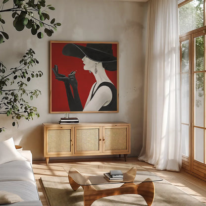 Haute Chapeau Rouge II by Marco Fabiano. Shown in a natural wood frame in a cozy modern living room. Available as an archival giclee rolled canvas, fine art paper, or poster print. SKU 11116a.
