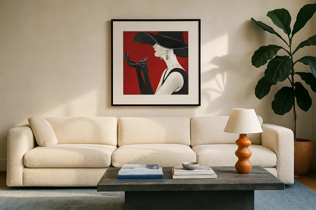 Haute Chapeau Rouge II by Marco Fabiano. Displayed in a glass frame with matte in a clean modern living room. Available as an archival giclee rolled canvas, fine art paper, or poster print. SKU 11116a.