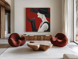 Haute Chapeau Rouge II by Marco Fabiano. Shown as extra-large giant wall art in a modern living room. Available as an archival giclee rolled canvas, fine art paper, or poster print. SKU 11116a.