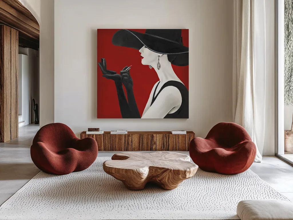 Haute Chapeau Rouge II by Marco Fabiano. Shown as extra-large giant wall art in a modern living room. Available as an archival giclee rolled canvas, fine art paper, or poster print. SKU 11116a.