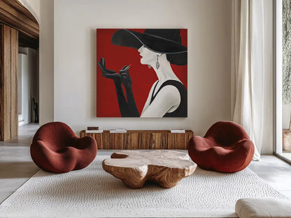 Haute Chapeau Rouge II by Marco Fabiano. Shown as extra-large giant wall art in a modern living room. Available as an archival giclee rolled canvas, fine art paper, or poster print. SKU 11116a.
