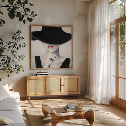 Haute Chapeau Silver by Marco Fabiano. Shown in a natural wood frame in a cozy modern living room. Available as an archival giclee rolled canvas, fine art paper, or poster print. SKU 96956a.