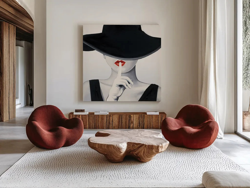 Haute Chapeau Silver by Marco Fabiano. Shown as extra-large giant wall art in a modern living room. Available as an archival giclee rolled canvas, fine art paper, or poster print. SKU 96956a.