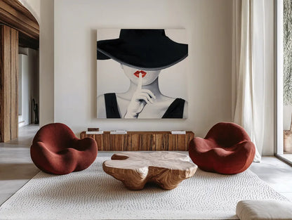 Haute Chapeau Silver by Marco Fabiano. Shown as extra-large giant wall art in a modern living room. Available as an archival giclee rolled canvas, fine art paper, or poster print. SKU 96956a.