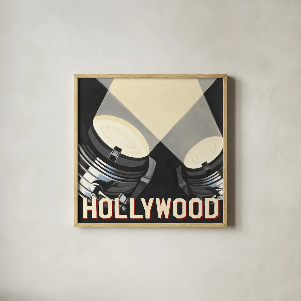 Hollywood by Marco Fabiano. Shown in a natural wood glass frame for a timeless modern aesthetic. Available as an archival giclee rolled canvas, fine art paper, or poster print. SKU 12600a.