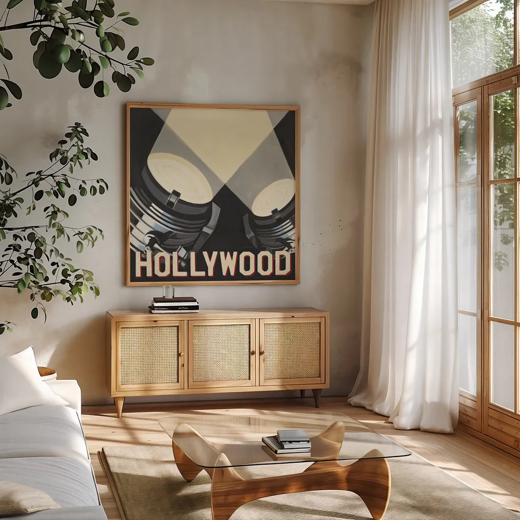 Hollywood by Marco Fabiano. Shown in a natural wood frame in a cozy modern living room. Available as an archival giclee rolled canvas, fine art paper, or poster print. SKU 12600a.