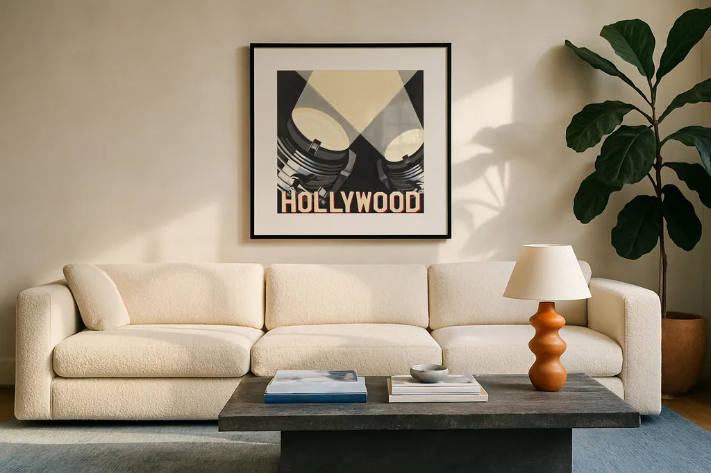 Hollywood by Marco Fabiano. Displayed in a glass frame with matte in a clean modern living room. Available as an archival giclee rolled canvas, fine art paper, or poster print. SKU 12600a.