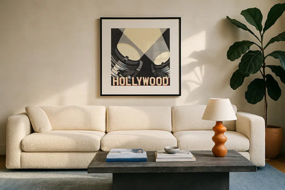 Hollywood by Marco Fabiano. Displayed in a glass frame with matte in a clean modern living room. Available as an archival giclee rolled canvas, fine art paper, or poster print. SKU 12600a.