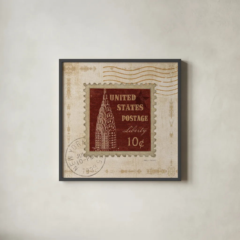 Iconic Stamps II Square by Marco Fabiano. Shown in a sleek black glass frame for a contemporary gallery look. Available as an archival giclee rolled canvas, fine art paper, or poster print. SKU 32912a.