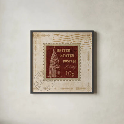 Iconic Stamps II Square by Marco Fabiano. Shown in a sleek black glass frame for a contemporary gallery look. Available as an archival giclee rolled canvas, fine art paper, or poster print. SKU 32912a.