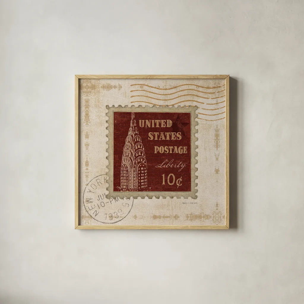 Iconic Stamps II Square by Marco Fabiano. Shown in a natural wood glass frame for a timeless modern aesthetic. Available as an archival giclee rolled canvas, fine art paper, or poster print. SKU 32912a.