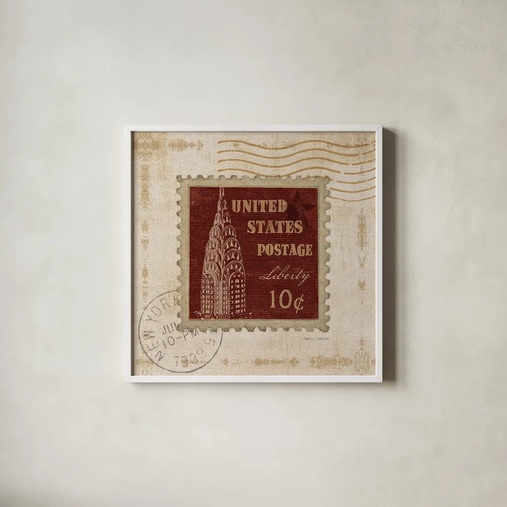 Iconic Stamps II Square by Marco Fabiano. Shown in a crisp white glass frame for a clean and minimalist style. Available as an archival giclee rolled canvas, fine art paper, or poster print. SKU 32912a.