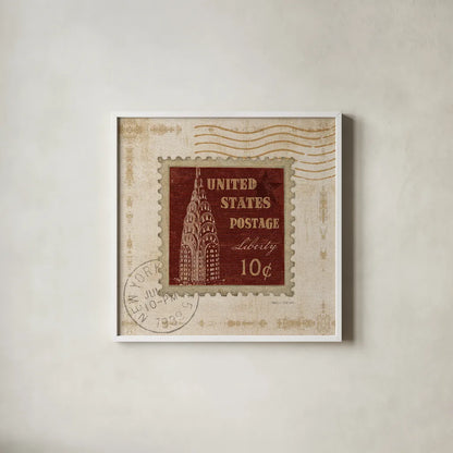 Iconic Stamps II Square by Marco Fabiano. Shown in a crisp white glass frame for a clean and minimalist style. Available as an archival giclee rolled canvas, fine art paper, or poster print. SKU 32912a.