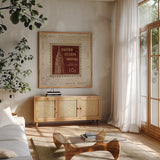 Iconic Stamps II Square by Marco Fabiano. Shown in a natural wood frame in a cozy modern living room. Available as an archival giclee rolled canvas, fine art paper, or poster print. SKU 32912a.