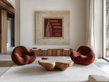 Iconic Stamps II Square by Marco Fabiano. Shown as extra-large giant wall art in a modern living room. Available as an archival giclee rolled canvas, fine art paper, or poster print. SKU 32912a.