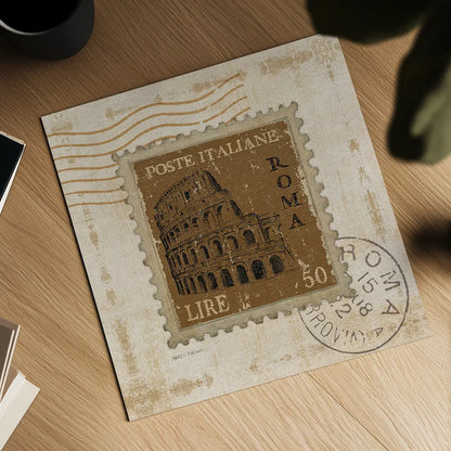 Iconic Stamps III Square by Marco Fabiano. Shown as a detailed flat fine art print, highlighting archival giclee quality. Available as an archival giclee rolled canvas, fine art paper, or poster print. SKU 32910a.