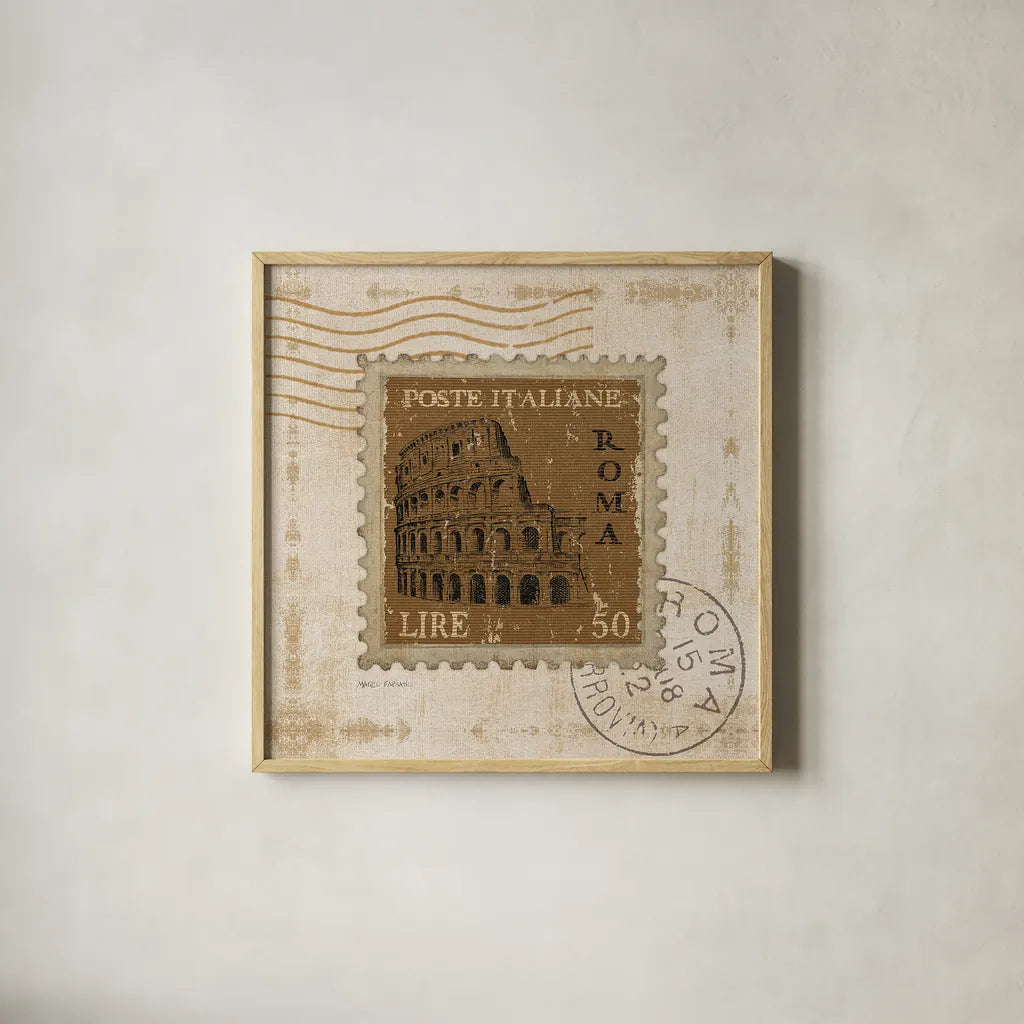Iconic Stamps III Square by Marco Fabiano. Shown in a natural wood glass frame for a timeless modern aesthetic. Available as an archival giclee rolled canvas, fine art paper, or poster print. SKU 32910a.