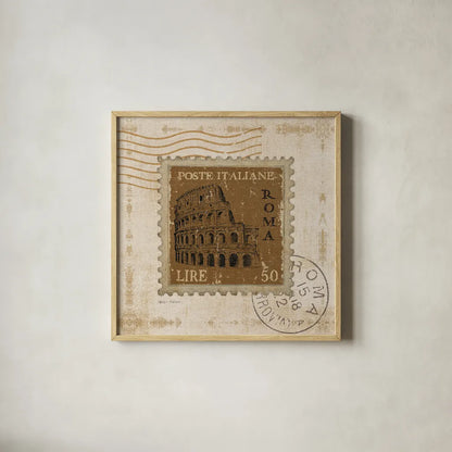 Iconic Stamps III Square by Marco Fabiano. Shown in a natural wood glass frame for a timeless modern aesthetic. Available as an archival giclee rolled canvas, fine art paper, or poster print. SKU 32910a.