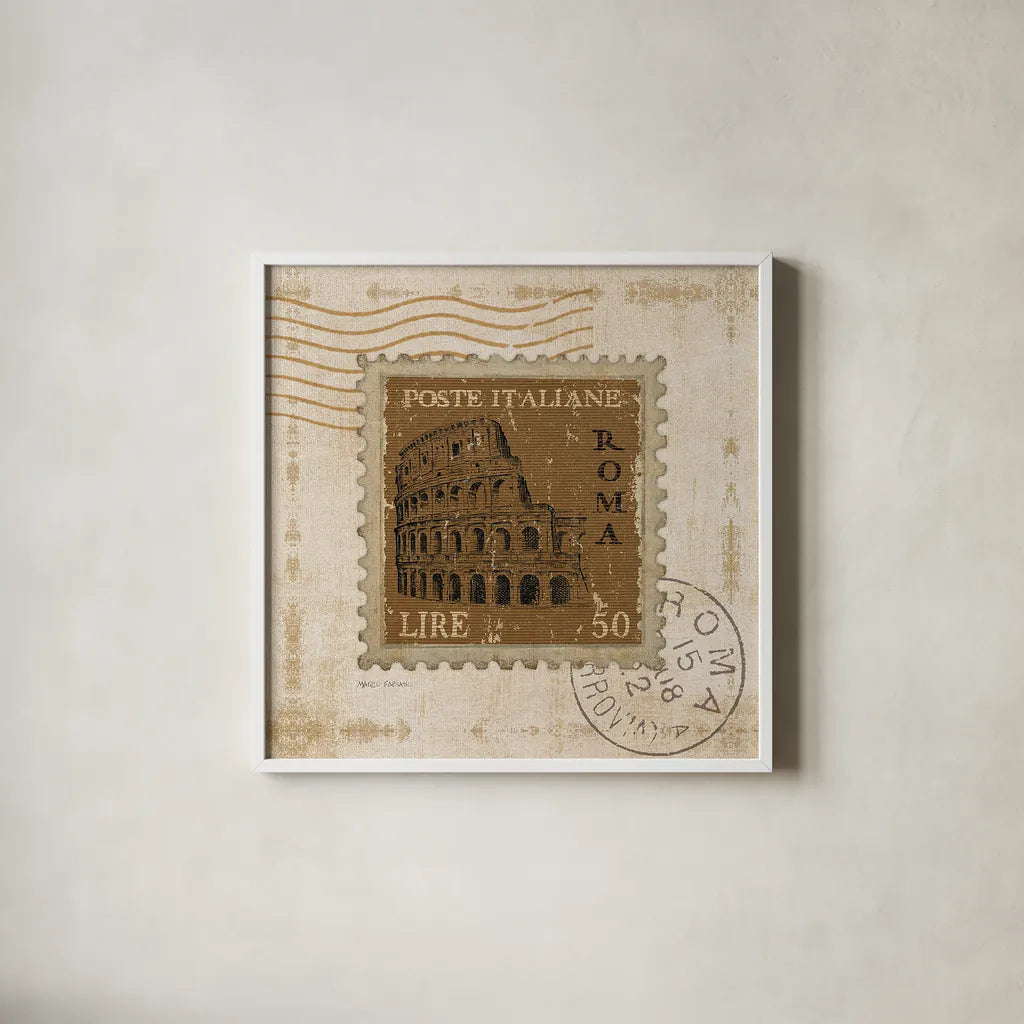 Iconic Stamps III Square by Marco Fabiano. Shown in a crisp white glass frame for a clean and minimalist style. Available as an archival giclee rolled canvas, fine art paper, or poster print. SKU 32910a.