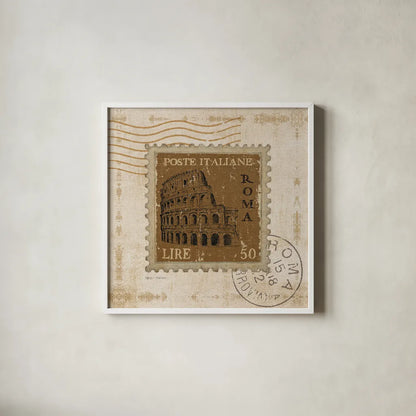 Iconic Stamps III Square by Marco Fabiano. Shown in a crisp white glass frame for a clean and minimalist style. Available as an archival giclee rolled canvas, fine art paper, or poster print. SKU 32910a.