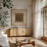 Iconic Stamps III Square by Marco Fabiano. Shown in a natural wood frame in a cozy modern living room. Available as an archival giclee rolled canvas, fine art paper, or poster print. SKU 32910a.