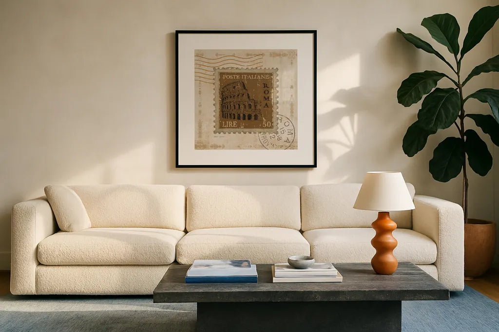 Iconic Stamps III Square by Marco Fabiano. Displayed in a glass frame with matte in a clean modern living room. Available as an archival giclee rolled canvas, fine art paper, or poster print. SKU 32910a.