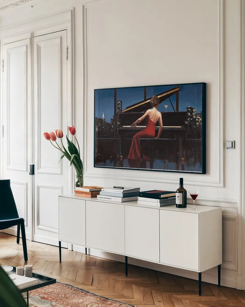 Lady in Red by Marco Fabiano. shown as a framed stretched canvas in a living room above a console. Available as a archival giclee rolled canvas, fine art paper, or poster print. SKU 12689i.
